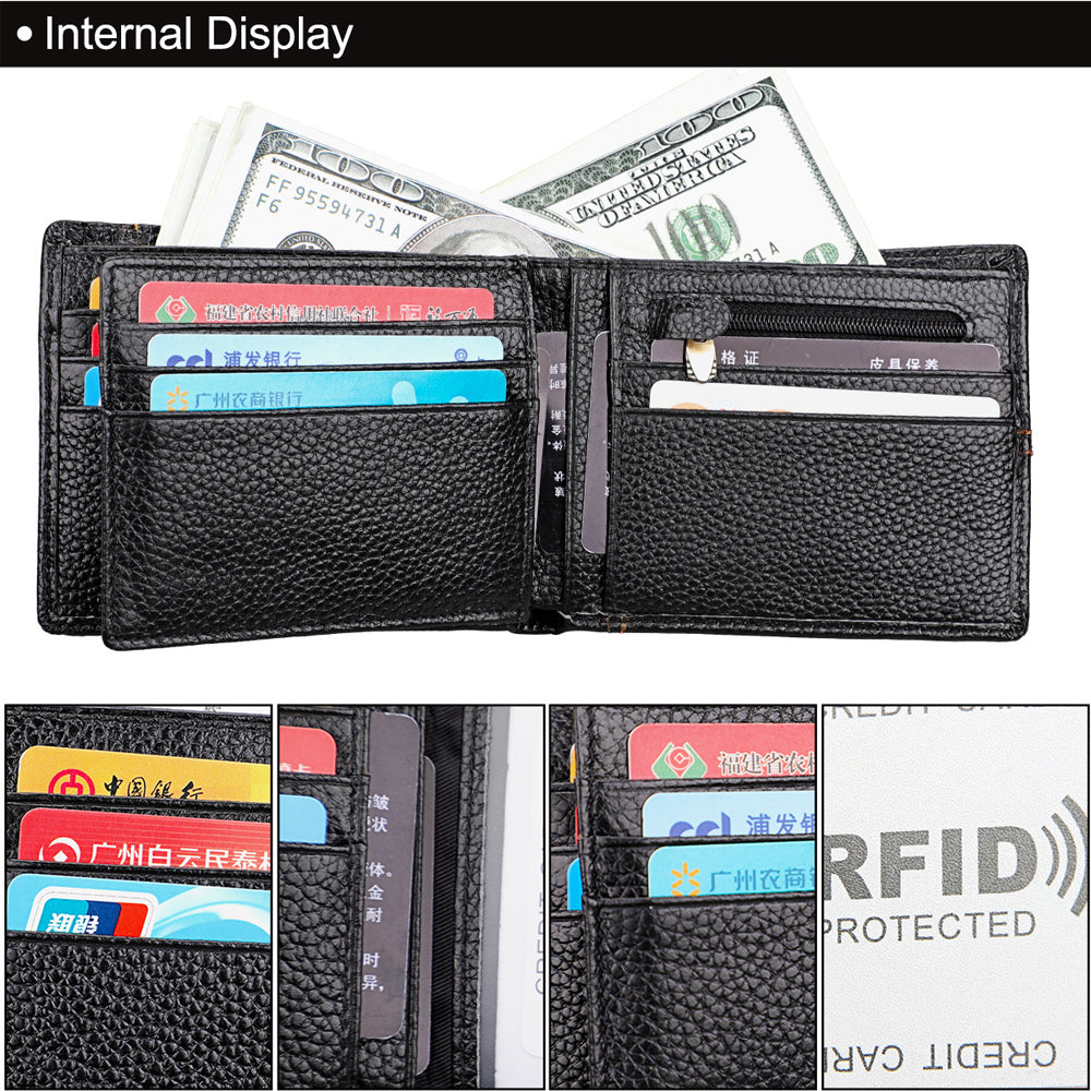 Men's Genuine Leather Bilfold Wallet RFID Blocking Card Holder Zipper Coin Purse 6