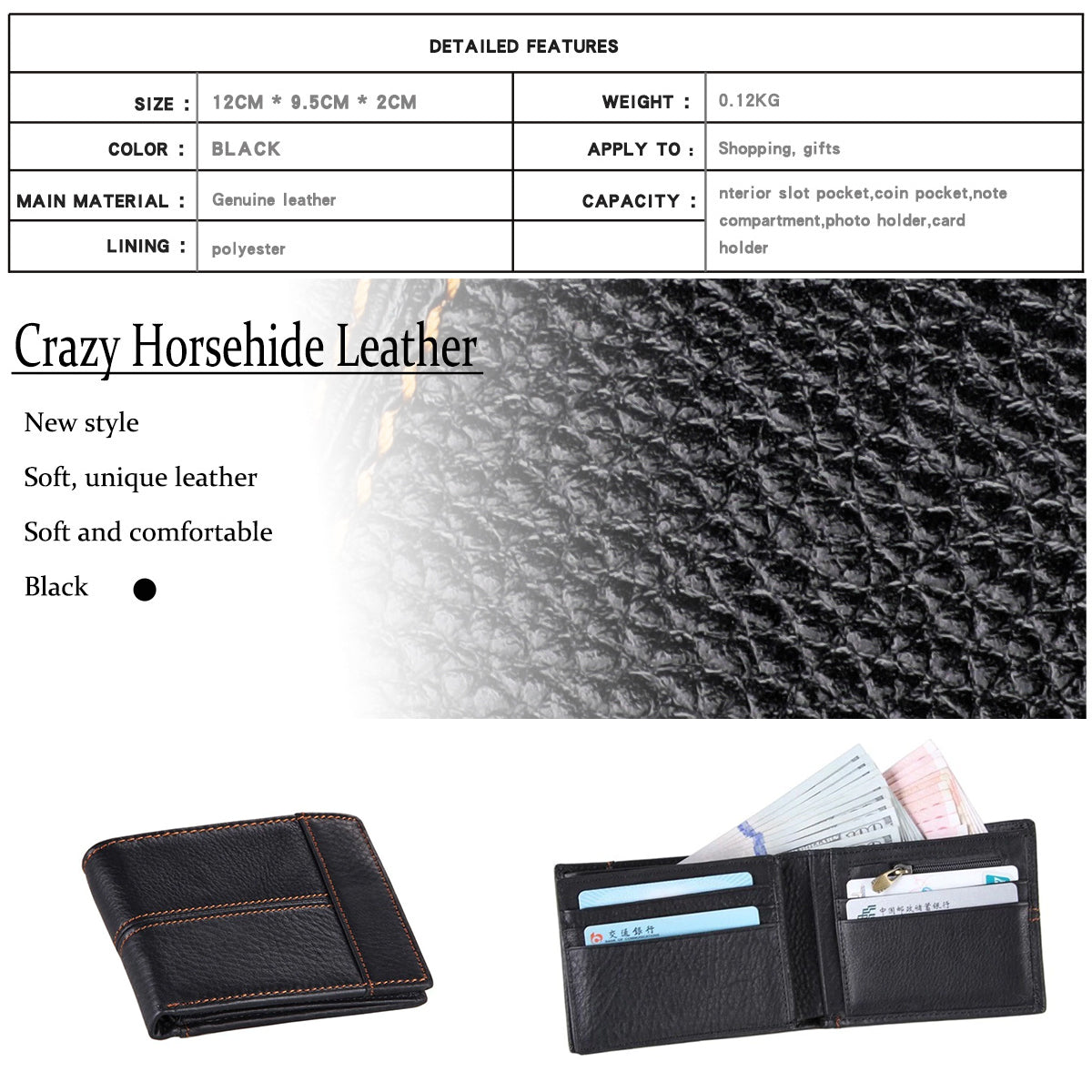 Men's Genuine Leather Bilfold Wallet RFID Blocking Card Holder Zipper Coin Purse 8