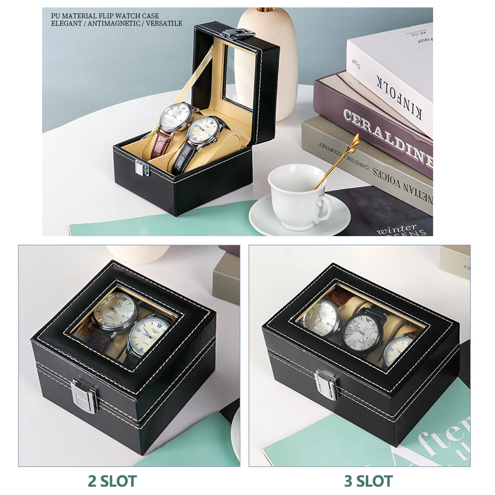 Watch Box Organizer Case Jewelry Display Tray Glass Top PU Leather(2 Slot) 3