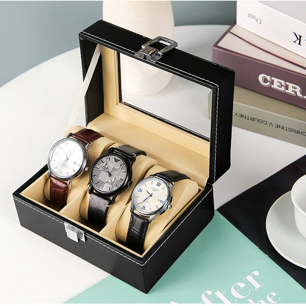 Watch Box Organizer Case Jewelry Display Tray Glass Top PU Leather(2 Slot) 4
