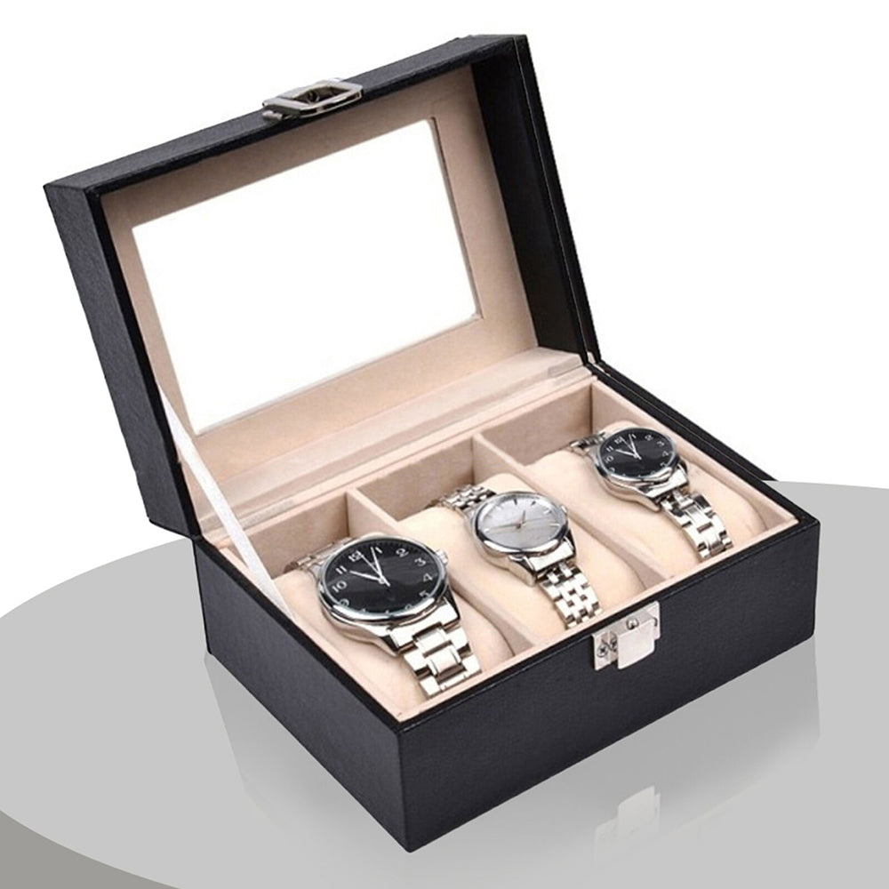 Watch Box Organizer Case Jewelry Display Tray Glass Top PU Leather(3 Slot) 5