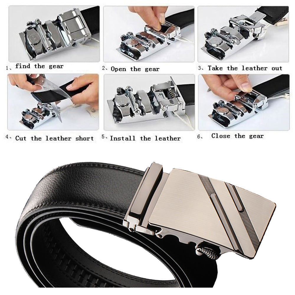 Adjustable Slide Luxury Leather Belt For Men's Automatic Buckle Ratchet Business Dress Belts (FB8501#01) 3