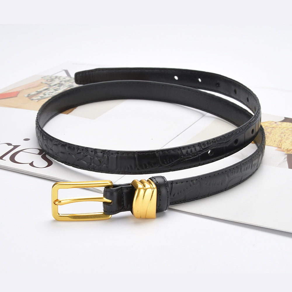 Genuine leather with Crocodile pattern pin buckle thin belt jeans belt for women (Black) 6