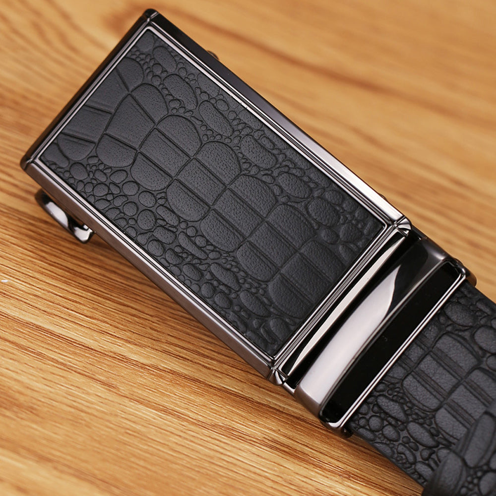 Genuine Cowhide Embossed with Crocodile Pattern Belt  Luxury Business Automatic Belts (Black) 3