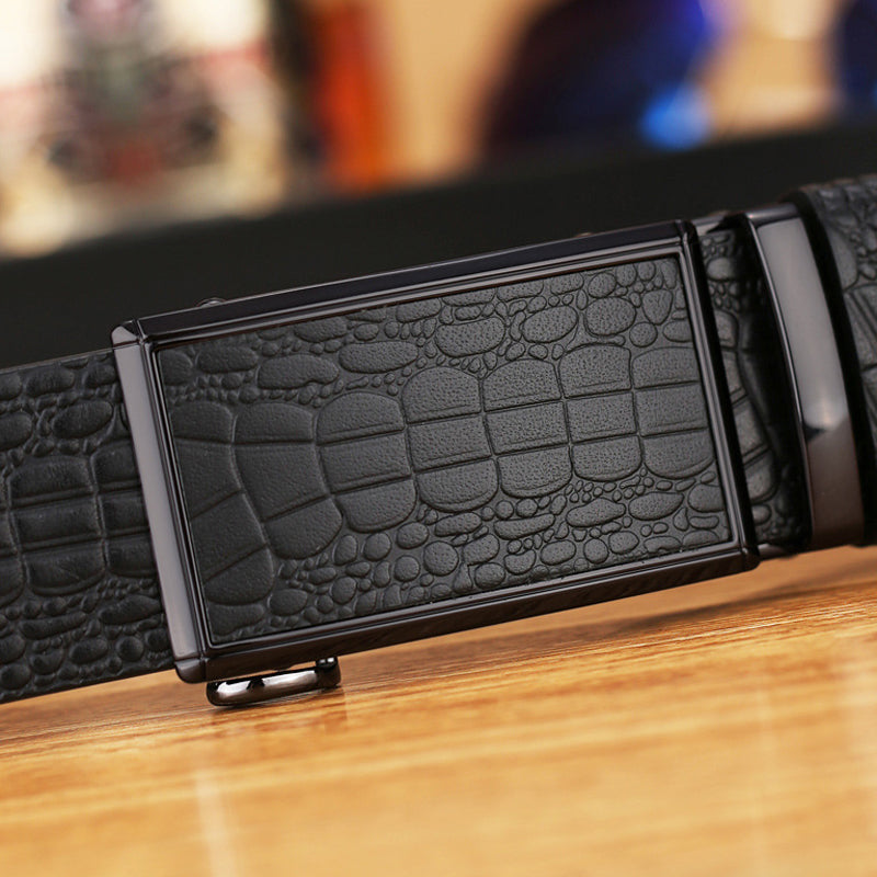 Genuine Cowhide Embossed with Crocodile Pattern Belt  Luxury Business Automatic Belts (Black) 4