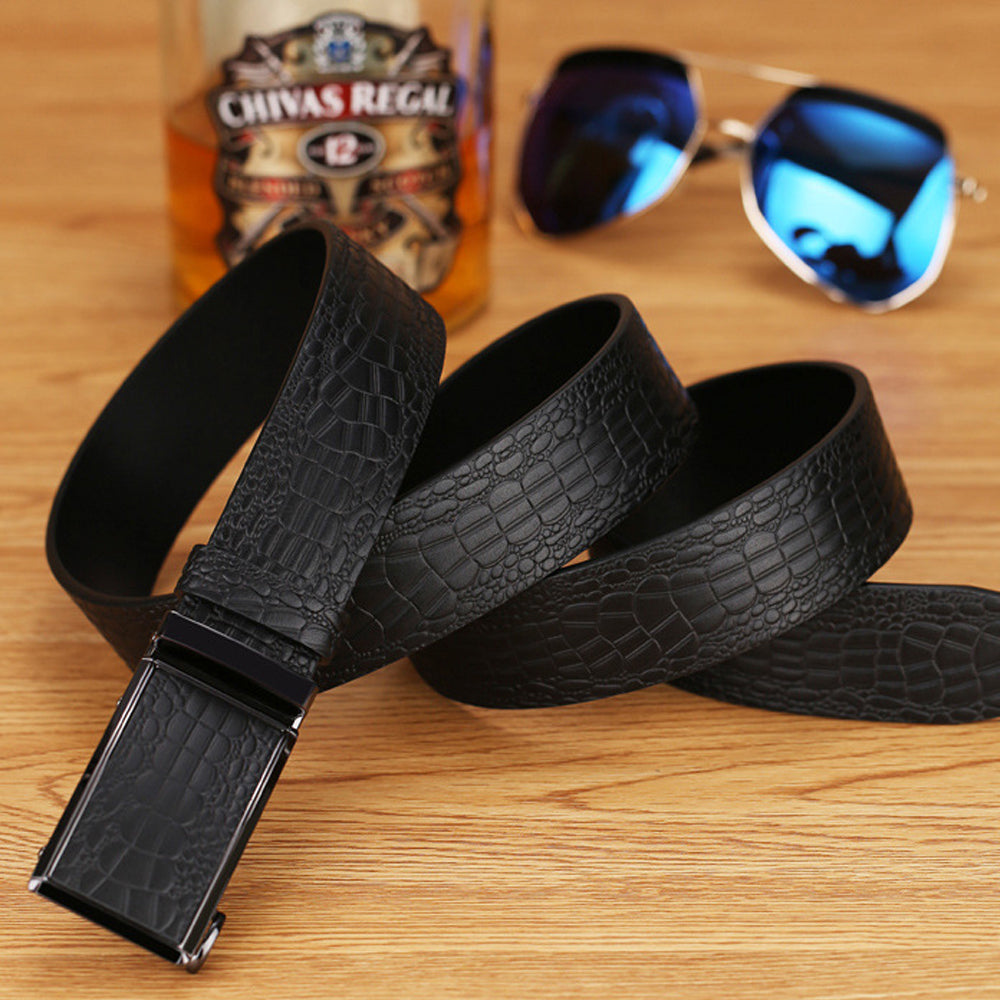 Genuine Cowhide Embossed with Crocodile Pattern Belt  Luxury Business Automatic Belts (Brown) 5