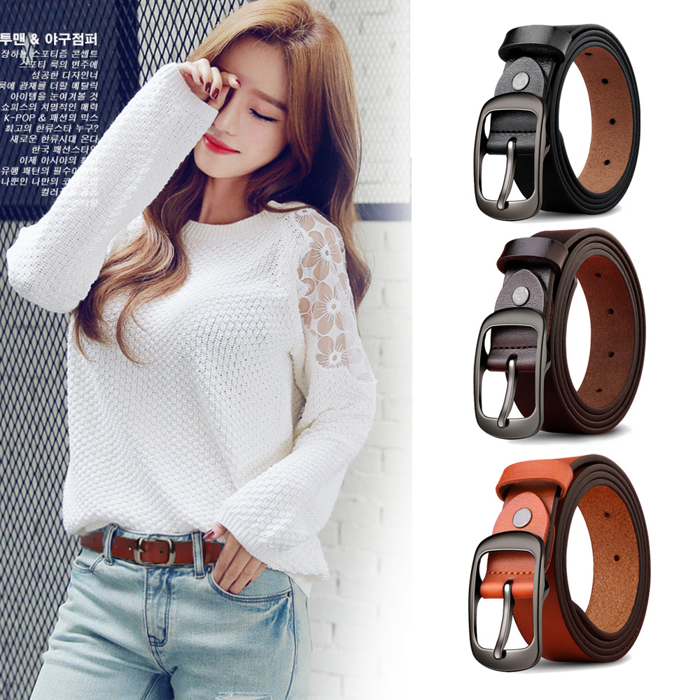 Genuine Leather 110-120CM Womens Belt Pin Buckle Top Layer Cow Leather(Black) 3