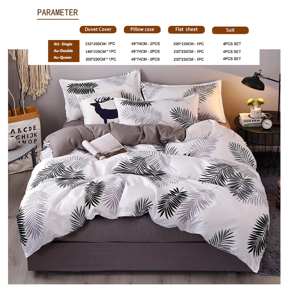 Palm Leaves Pattern Aloe Cotton Flat Sheet Quilt Cover Pillowcases 4pcs Bedding Set (Double) 4