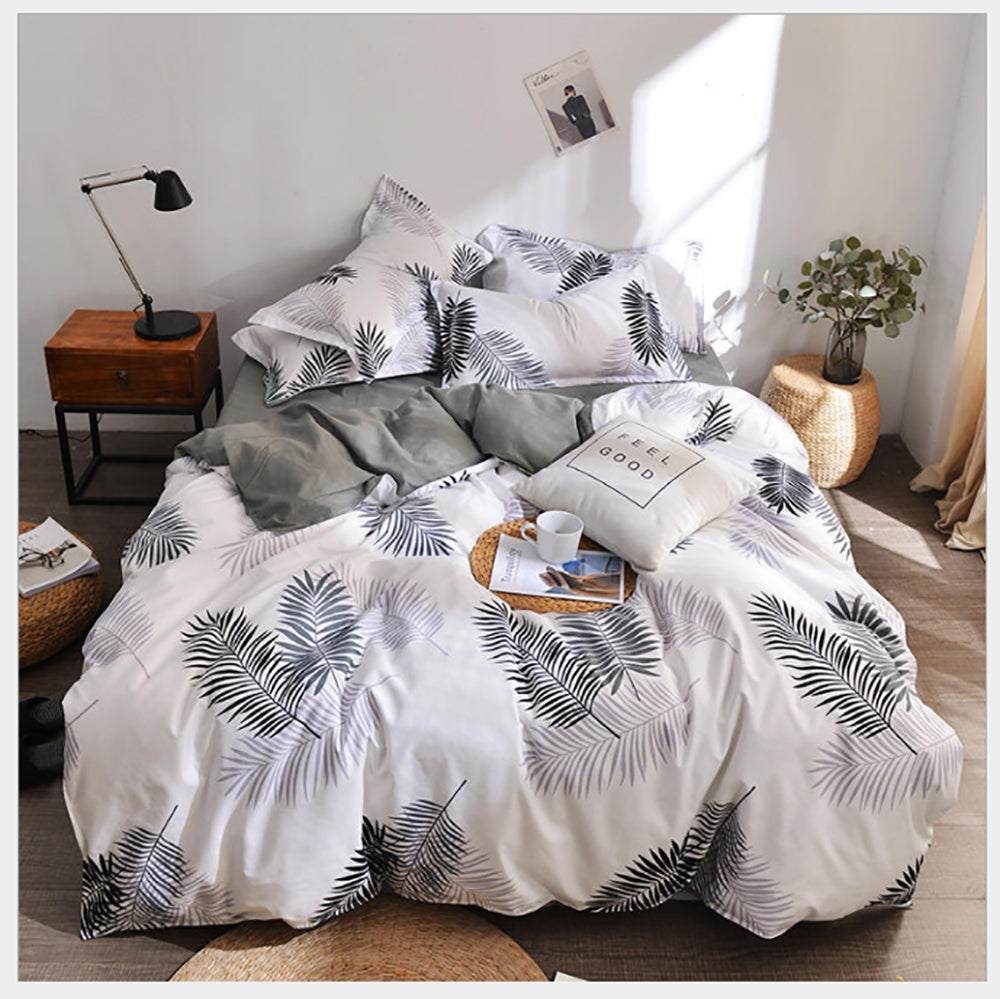 Palm Leaves Pattern Aloe Cotton Flat Sheet Quilt Cover Pillowcases 4pcs Bedding Set (King) 3