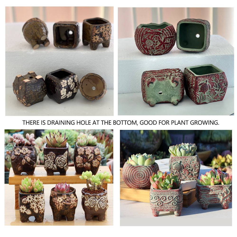 4/5/6 Pots Set Ceramic Clay Pottery Pots Succulent Flower Planter Draining Hole(Style 01# 4 Pots Set) 6