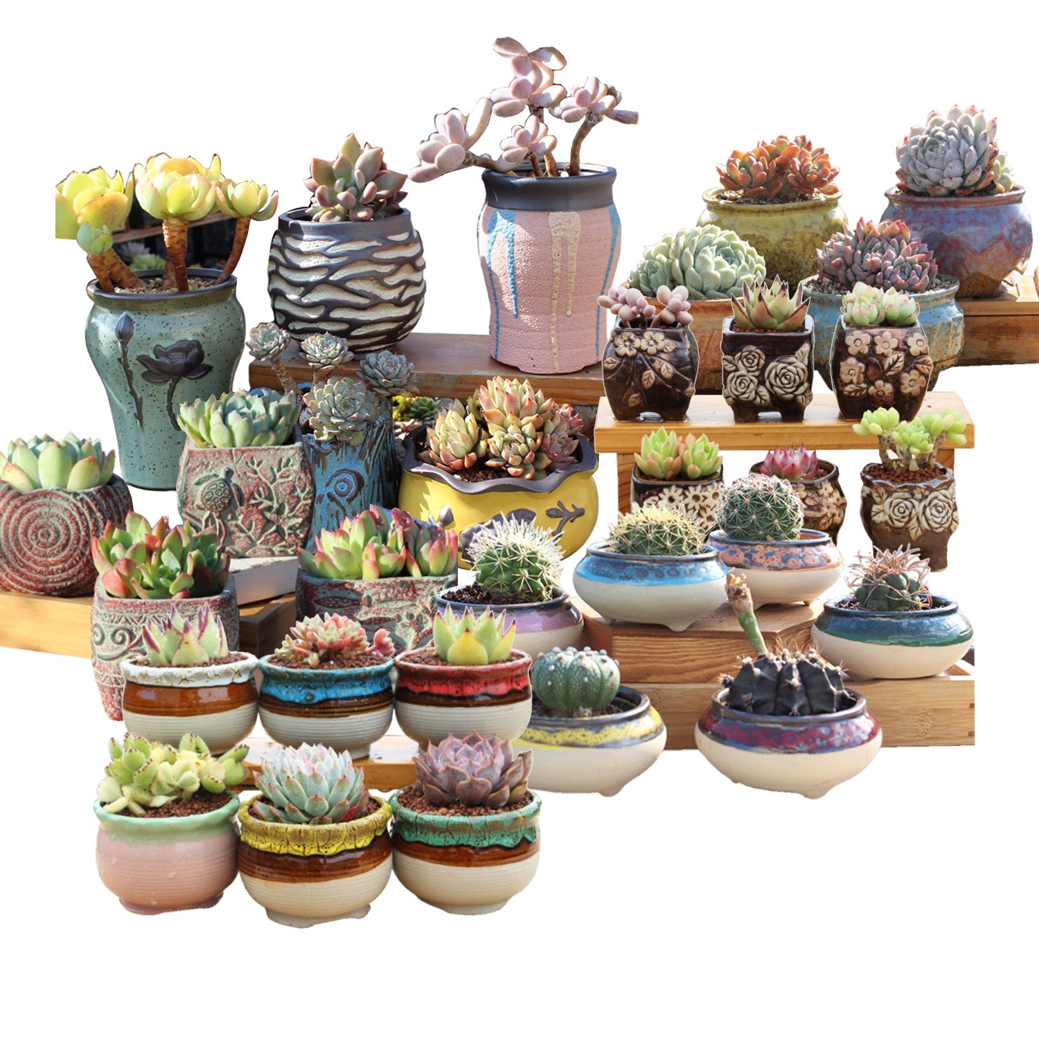 4/5/6 Pots Set Ceramic Clay Pottery Pots Succulent Flower Planter Draining Hole(Style 05# 6 Pots Set) 4