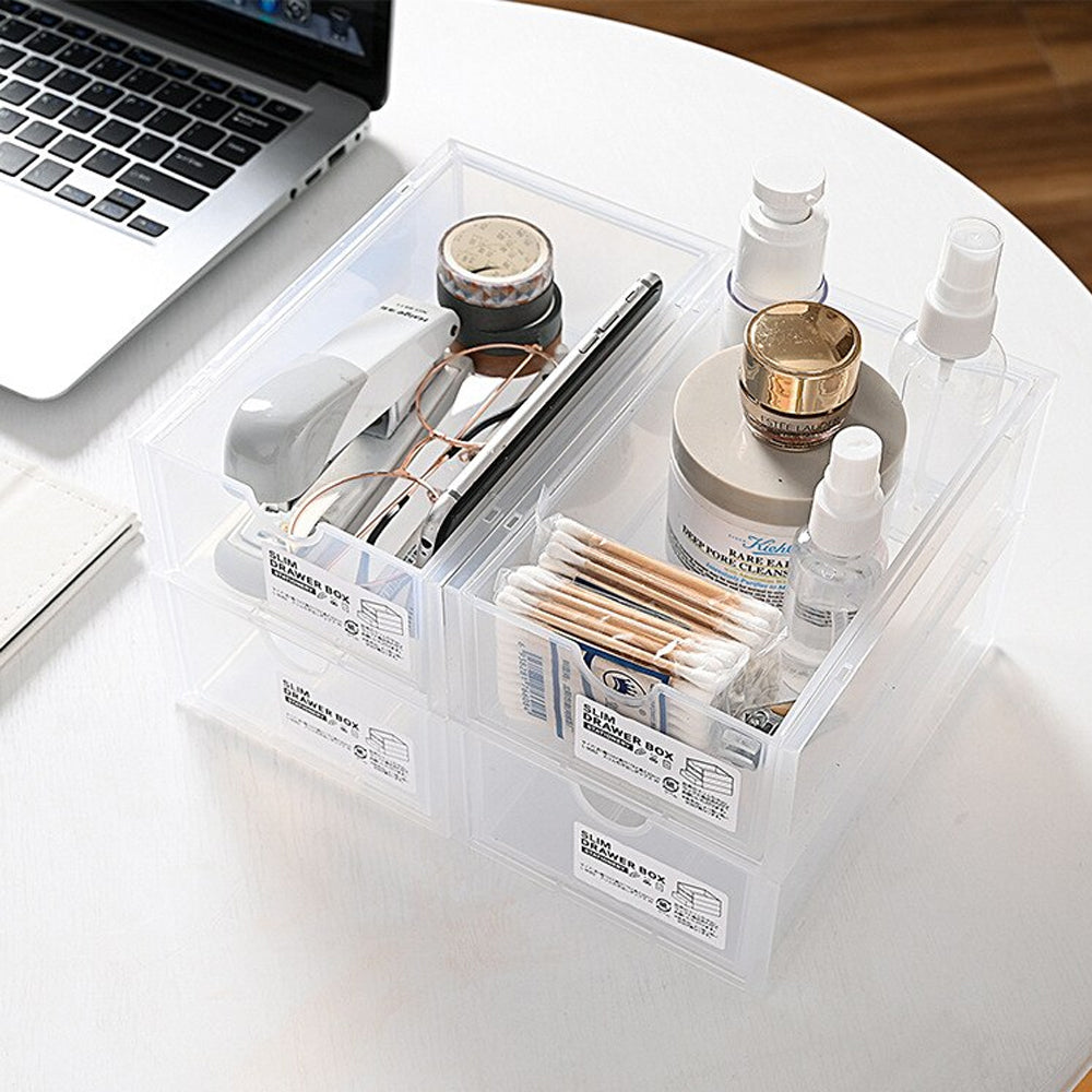 4 Pcs Set Stackable Desktop storage Box Drawer Transparent Plastic Stationery Cosmetic Organizer Box(White) 7