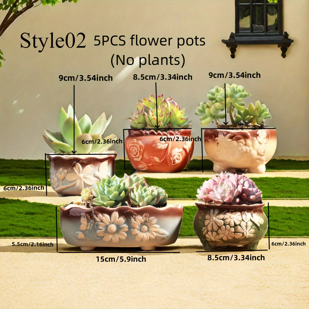 Set of 5 Succulent Plant Pots Flower Patterned with Drainage Holes 3