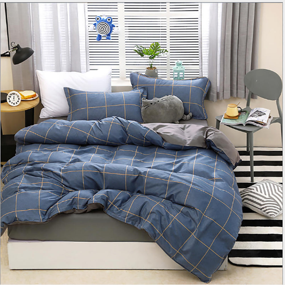 Blue Plaid Pattern Aloe Cotton Flat Sheet Quilt Cover Pillowcases 4pcs Bedding Set Duvet Doona Quilt Cover Set (King) 3