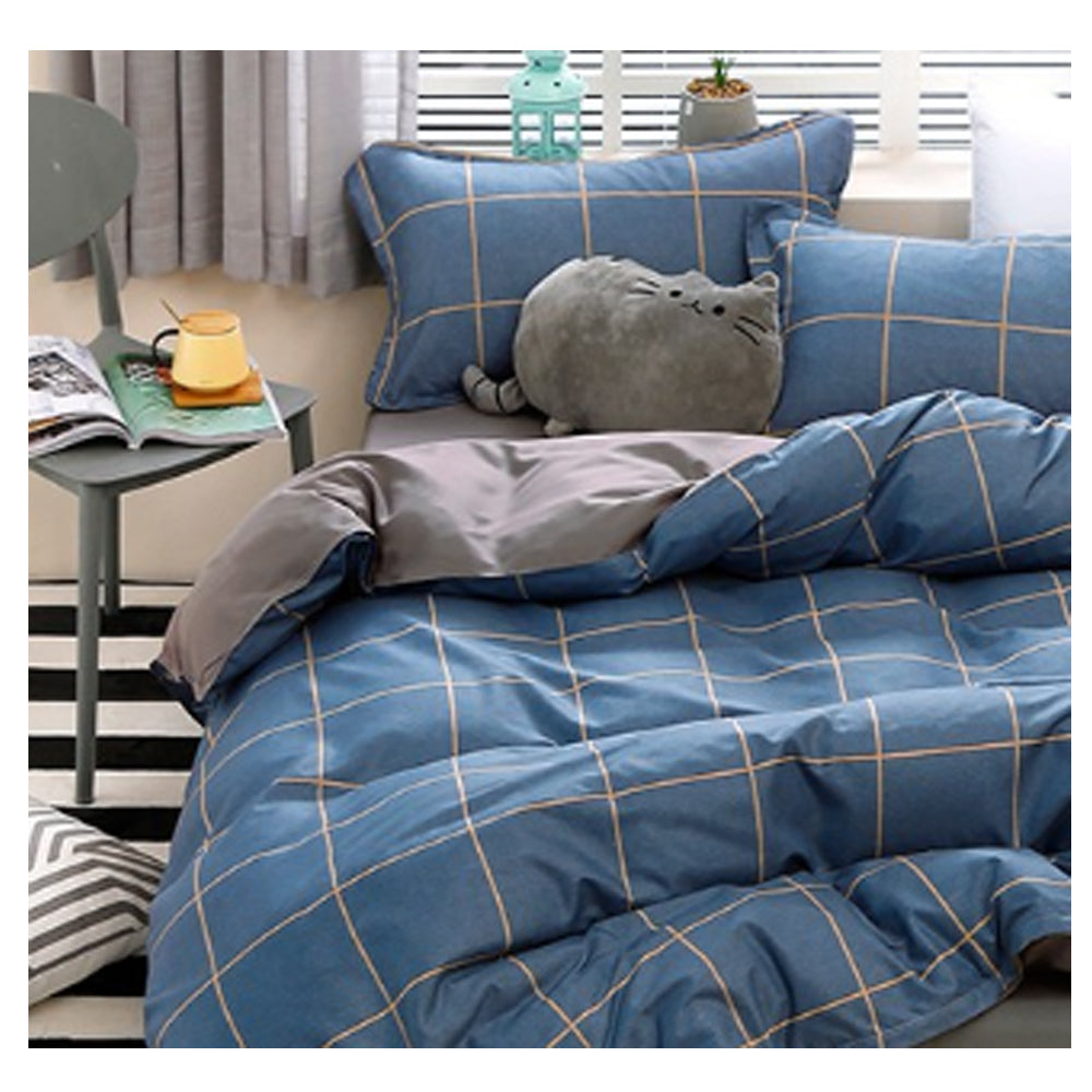 Blue Plaid Pattern Aloe Cotton Flat Sheet Quilt Cover Pillowcases 4pcs Bedding Set Duvet Doona Quilt Cover Set (King) 4