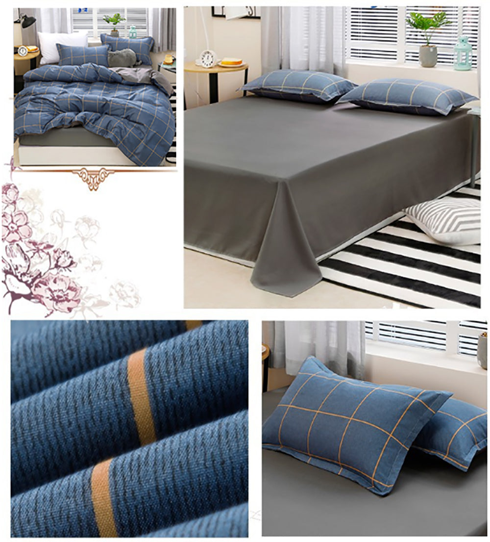 Blue Plaid Pattern Aloe Cotton Flat Sheet Quilt Cover Pillowcases 4pcs Bedding Set Duvet Doona Quilt Cover Set (King) 7