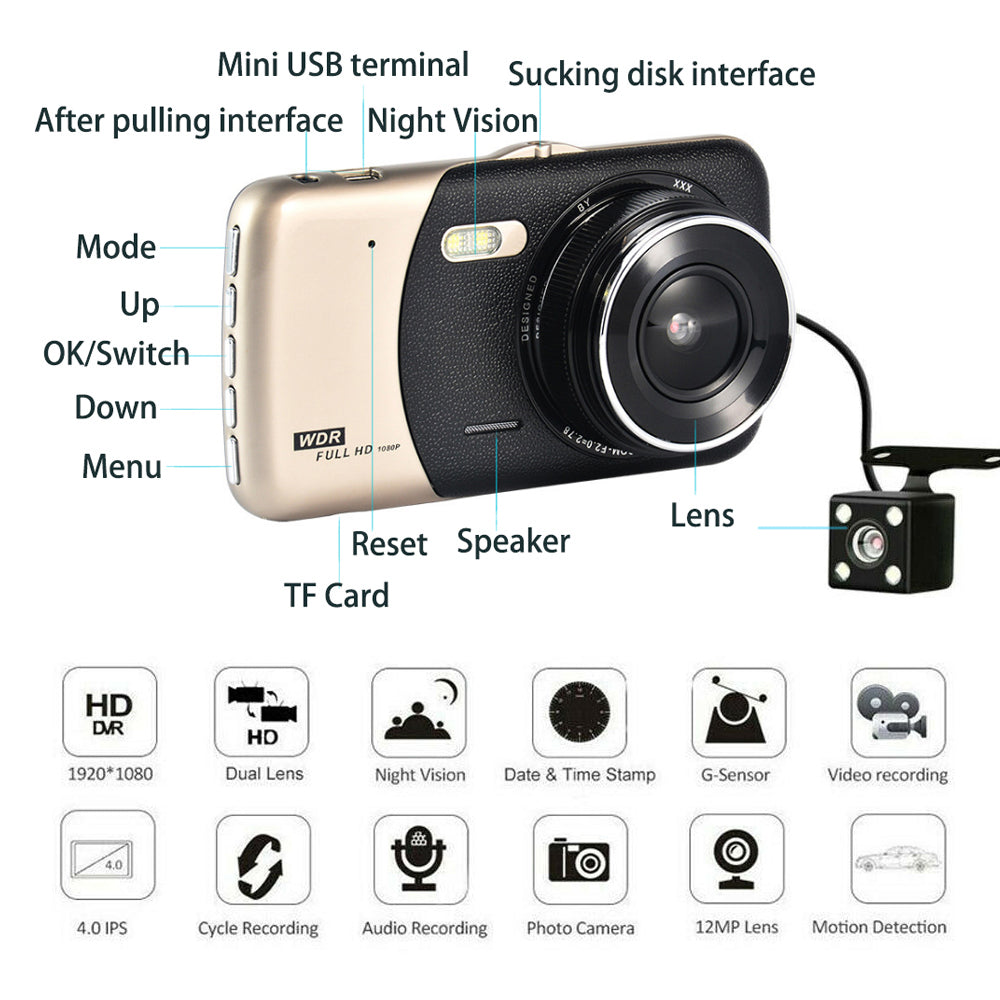 1080P Car Dash Camera Dual Front and Rear Video DVR Recorder Night Vision Kit 3