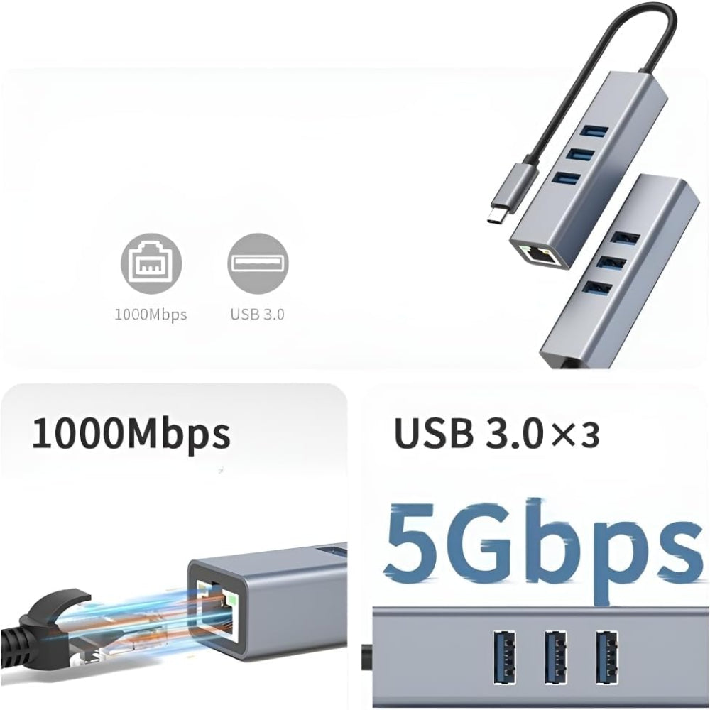 USB C to Ethernet Adapter with 1000Mbps Gigabit RJ45 and 3xUSB 3.0 Ports 4