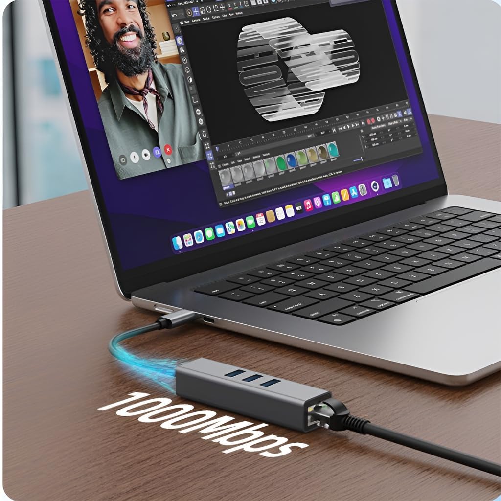 USB C to Ethernet Adapter with 1000Mbps Gigabit RJ45 and 3xUSB 3.0 Ports 6