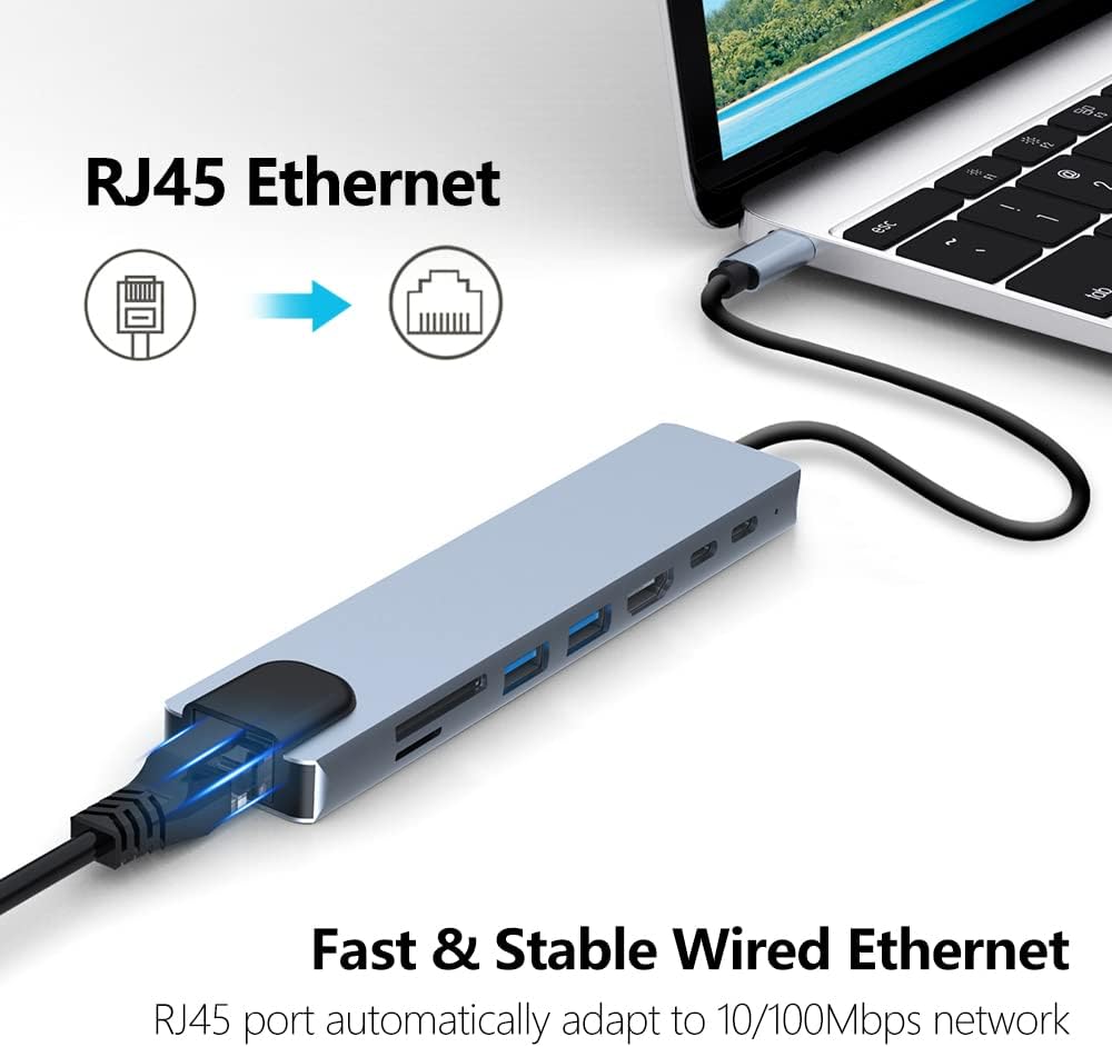 8in1 Hub USB-C To Type-C USB 3.0 4K HDMI RJ45 Ethernet SD TF OTG PD Port Adapter 5