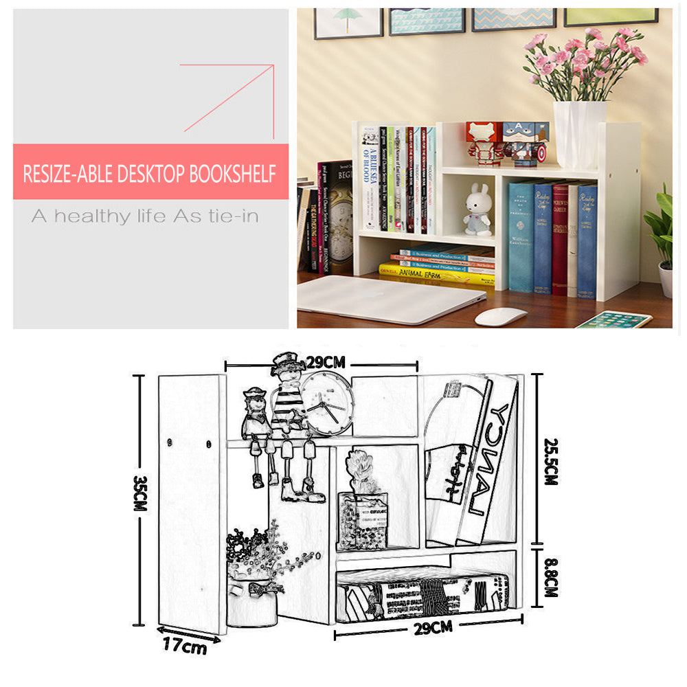 Resize-able Thick Wood Desktop Bookshelf Display Rack Unit(White) 5