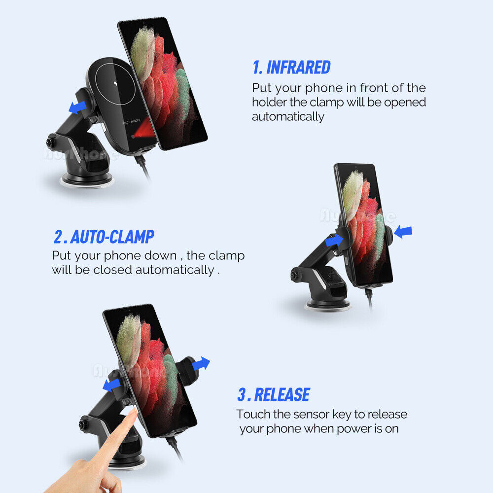 Automatic Clamping 15W Wireless Car Fast Charger Mount 2in1 Car Phone Holder 9