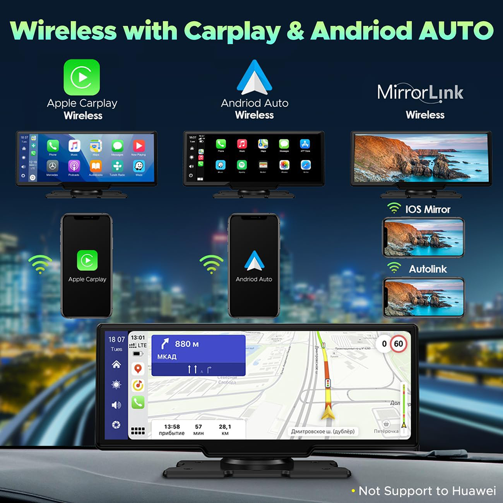 10.26" Wireless Apple Android Carplay Dual Dash Cam Front Rear Camera with 64G Card 3