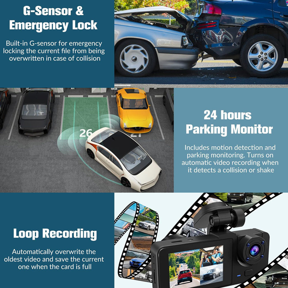 3 Channel Car DVR HD 1080P Vehicle Dash Cam Three Way Camera DVRs Recorder with 32 GB Card 6