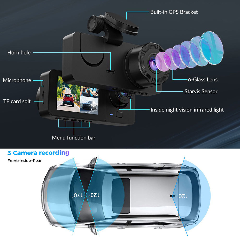 3 Channel Car DVR HD 1080P Vehicle Dash Cam Three Way Camera DVRs Recorder with 32 GB Card 7