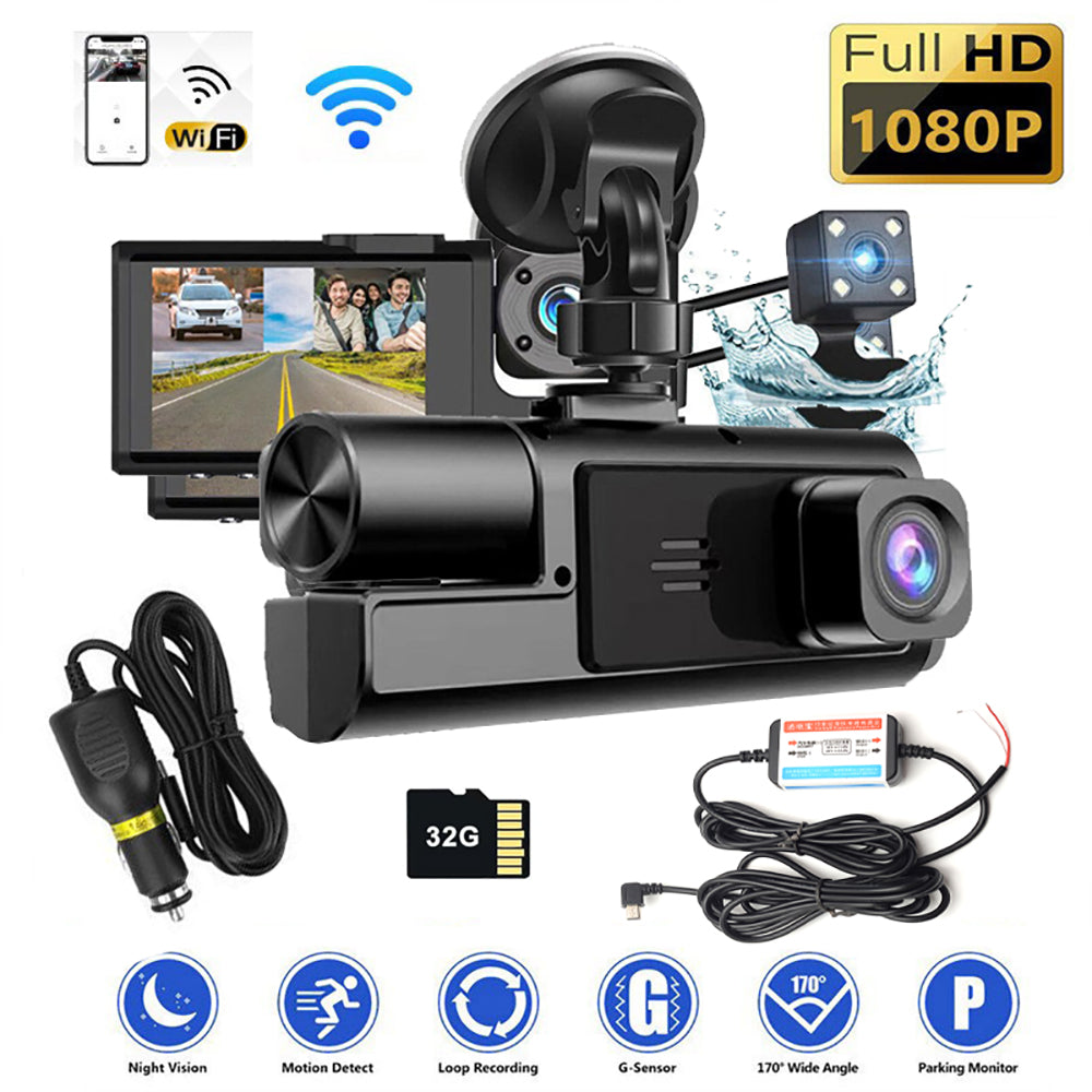 WIFI 3 Channels Dash Cam 1080P Full HD Car Dashcam with Hardwire Kit and 32GB Card 9