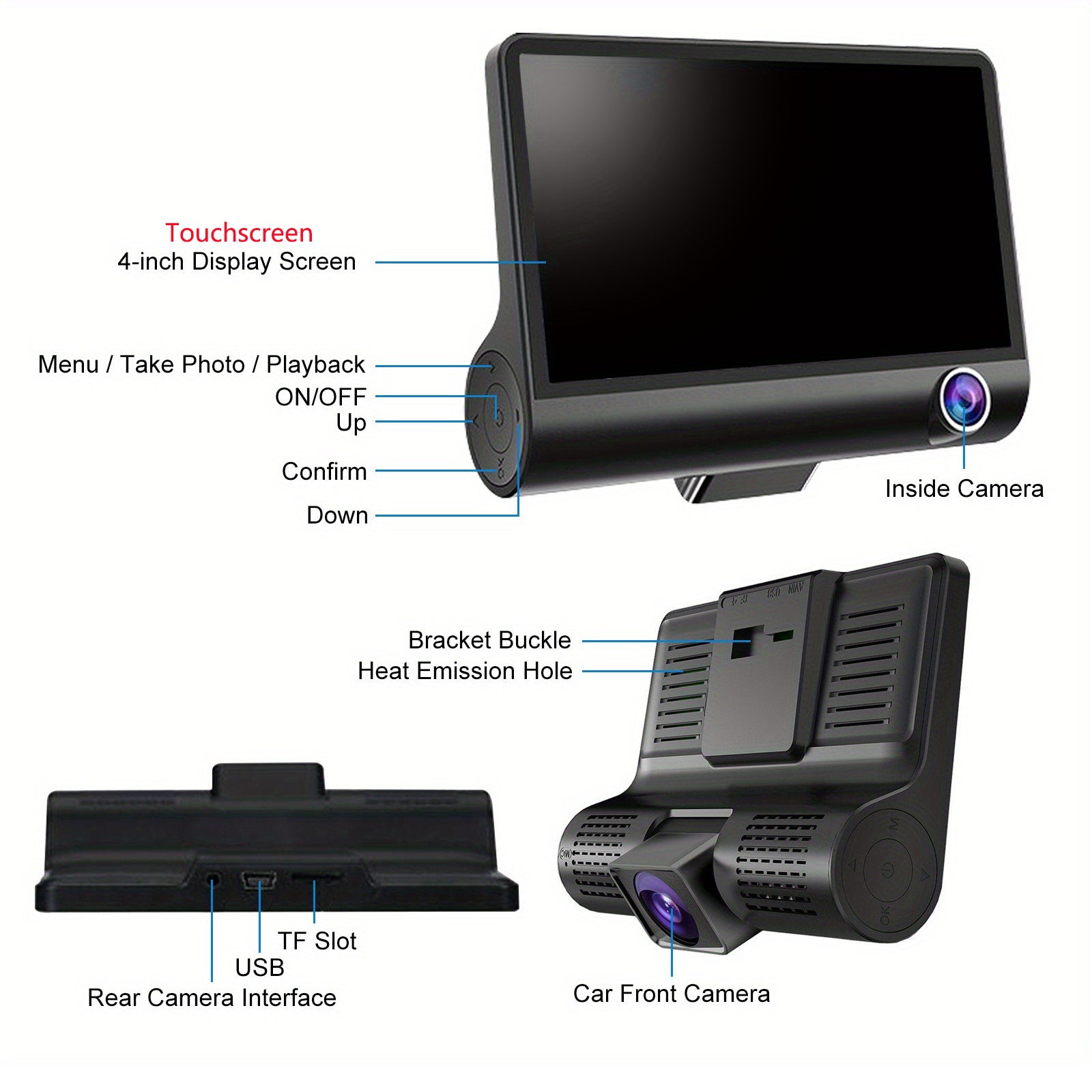 Front and Rear Triple Lens Dash Cam 1080P HD 4-inch touch screen wide-angle lens 7
