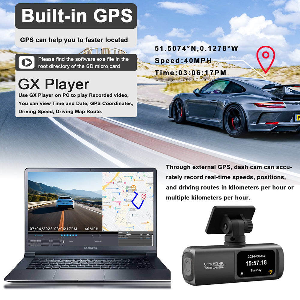 4K Front and Rear Dual Dash Cam WiFi GPS Car Camera with 64GB SD Card 4