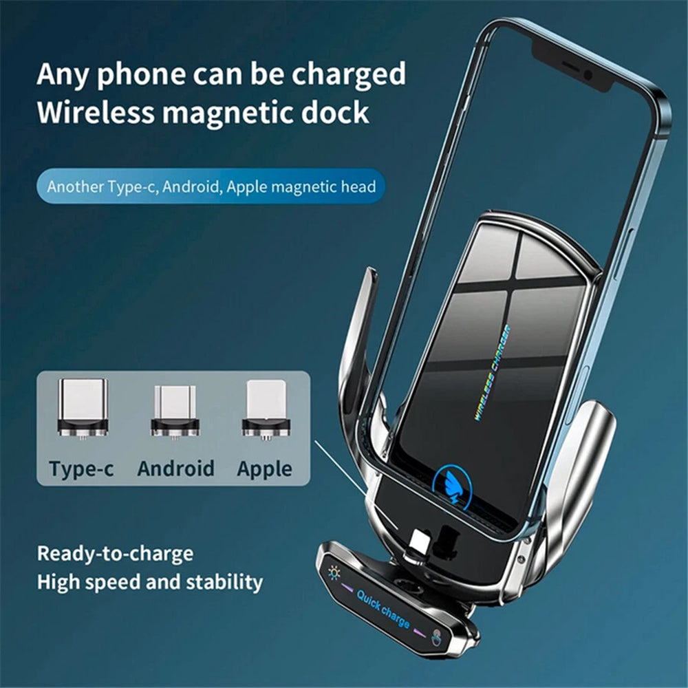15W Wireless Car Charger Mount Auto-Clamp Vent Holder with Cable and 3 Tips 6