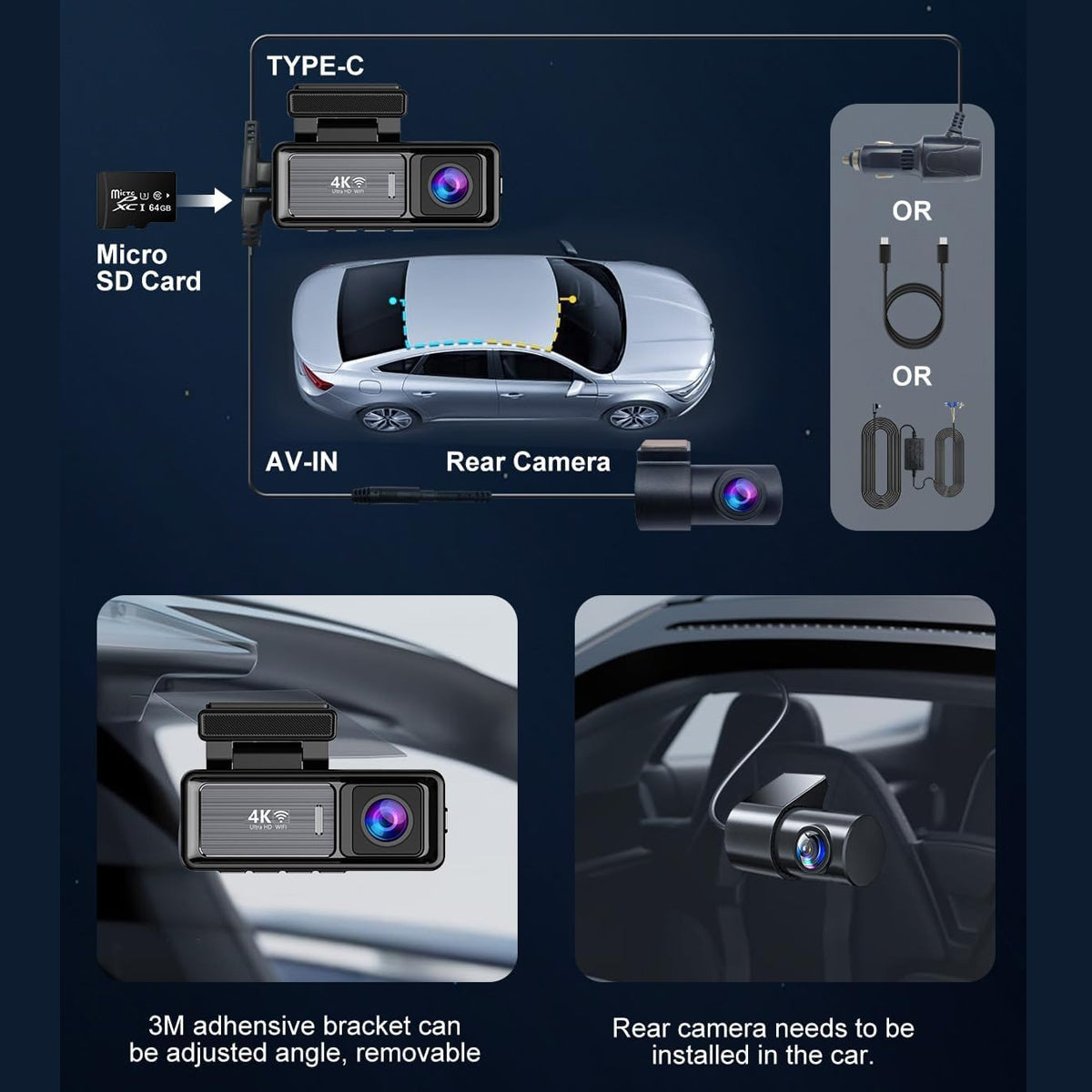 4K Wifi Dash Cam Front, 1080P In-Car Rear Dual Recording with GPS 64GB Card 5