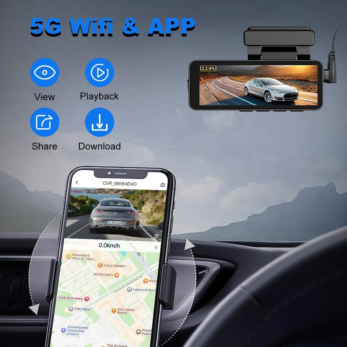 4K Wifi Dash Cam Front, 1080P In-Car Rear Dual Recording with GPS 64GB Card 6