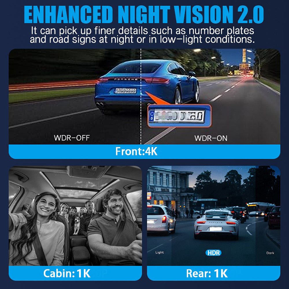 3 Channel 4K+1K+1K Dash Cam WiFi Car DVR Interior Cabin Camera Recorder with 32G Card 3
