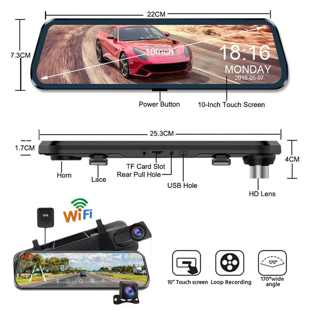 10” 4K Mirror Dash Cam, 2K Rear Camera, WiFi GPS ADAS BSD, Stream Media, 64GB Included 10