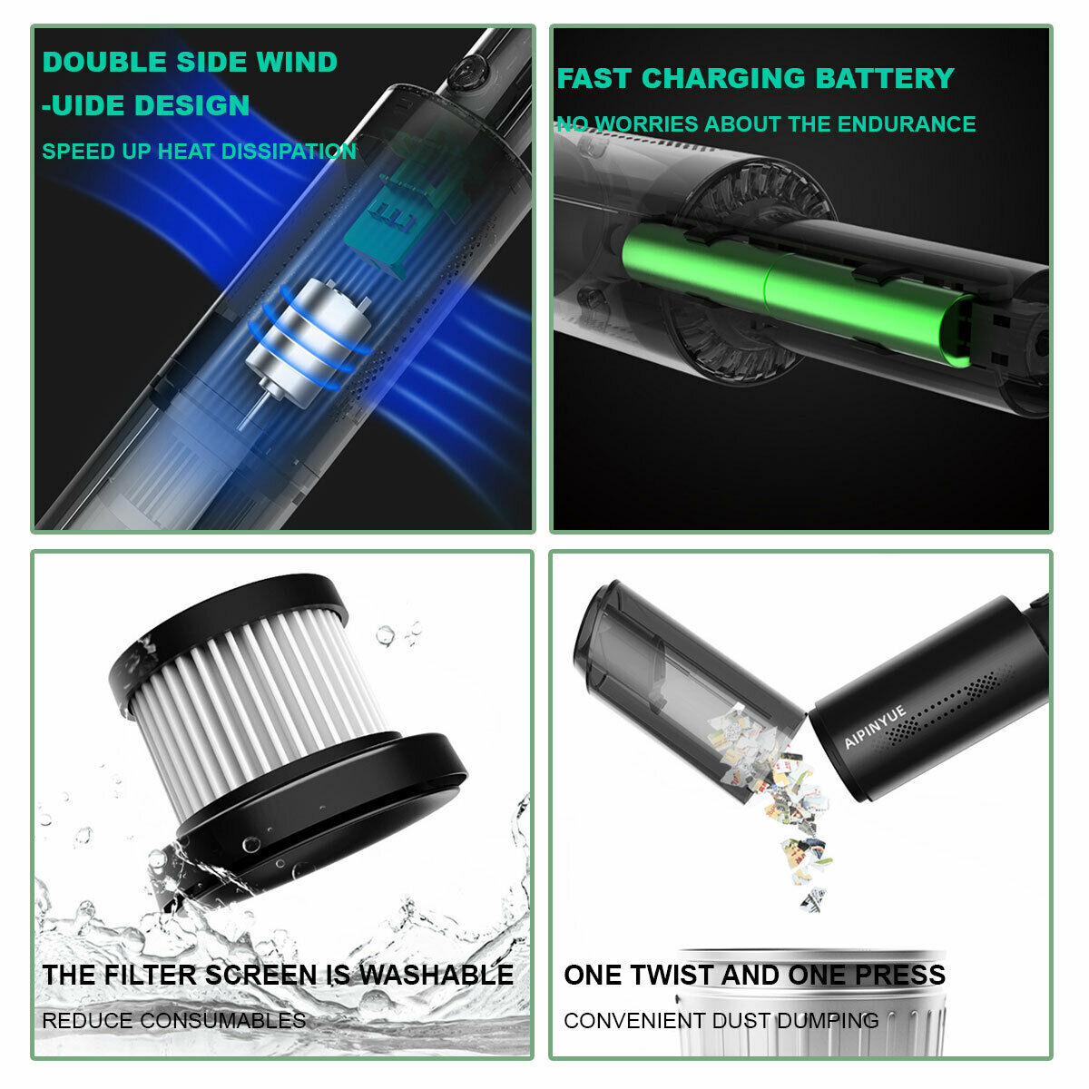 Wireless Charge 6000Pa Suction Powerful Portable Car Vacuum Cleaner Home Duster(Black) 5