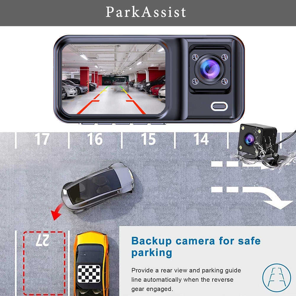 Front and Rear Triple Lens Dash Cam 1080P HD Three-Lens Driving Recorder Reversing Visual Recording 4