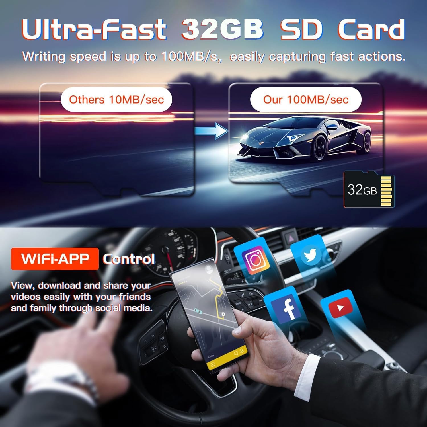 WIFI 3 Channels Dash Cam 1080P Full HD Car Dashcam Comes with Free 32GB Card 3