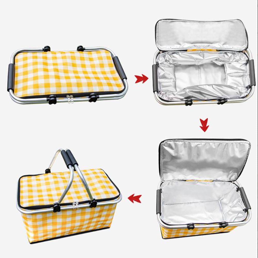 Collapsible Outdoor Camping Portable Insulated Picnic Basket Camping Picnic Ice Pack(Yellow Grid) 7