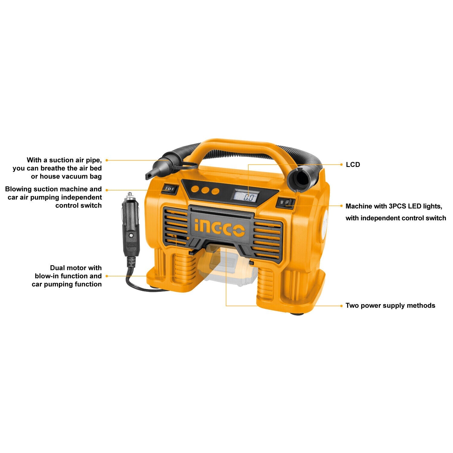INGCO Air Compressor Car Tyre Deflator Inflator Pump 160PSI Auto Stop & Fittings(no battery and charger) 5