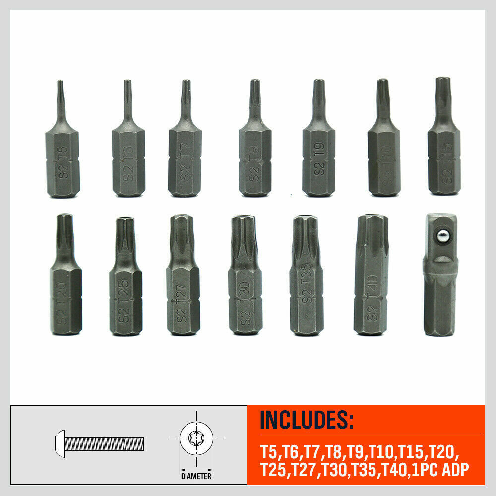 14Pc Torx Key Bit Set Tamper Proof Star Wrench Bits T5-T40 Socket Adapter S2 New 4