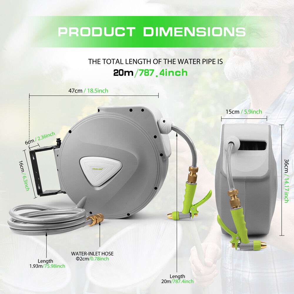 Garden Spray Gun Auto Rewind Wall Water Hose Mount Hose Reel 20M Retractable 4