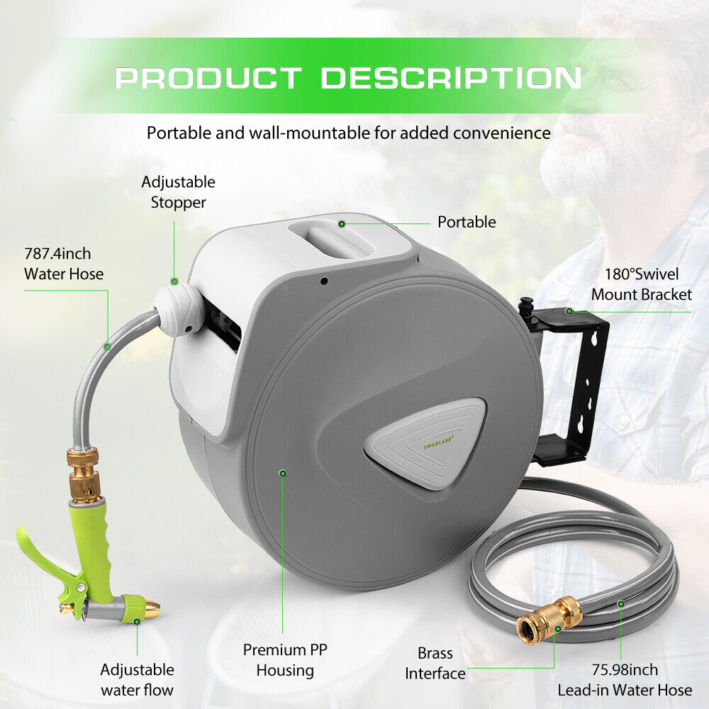 Garden Spray Gun Auto Rewind Wall Water Hose Mount Hose Reel 20M Retractable 5