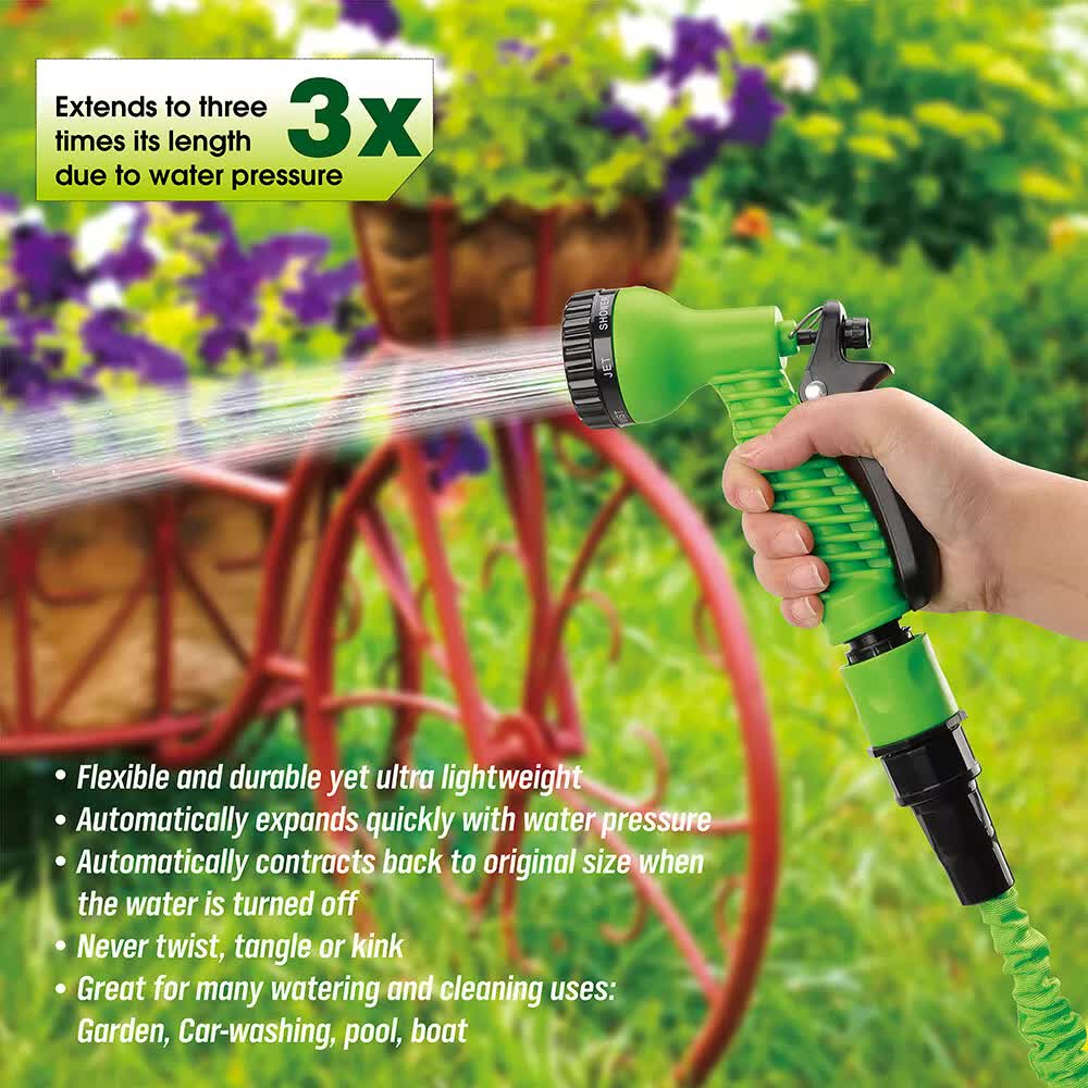 25FT Water Garden Hose Flexible Expandable Pipe Car Wash W/ Spray Nozzle Gun 8