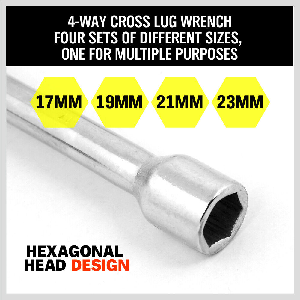 14" Wheel Brace Spanner 4-way Cross Wrench Car Tyre Nut 17 19 21 23mm Socket 5