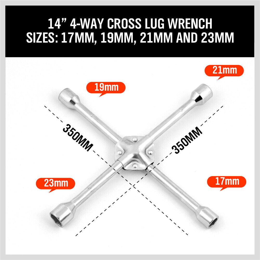 14" Wheel Brace Spanner 4-way Cross Wrench Car Tyre Nut 17 19 21 23mm Socket 7