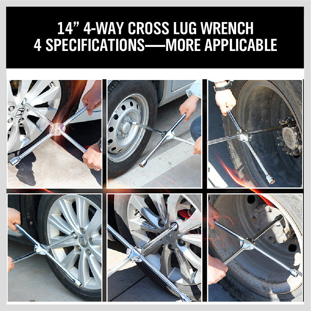 14" Wheel Brace Spanner 4-way Cross Wrench Car Tyre Nut 17 19 21 23mm Socket 8