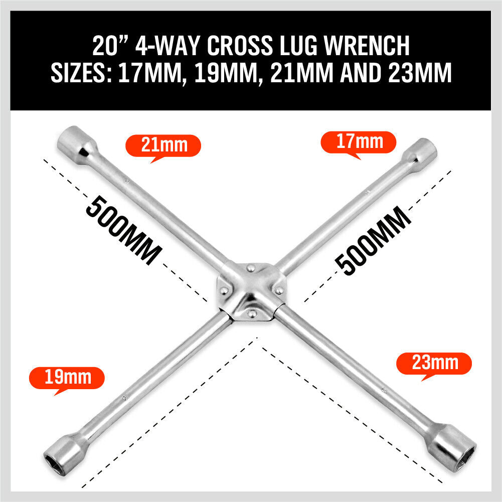 20” Wheel Brace Spanner 4-way Cross Wrench Car Tyre Nut 17 19 21 23mm Socket 8